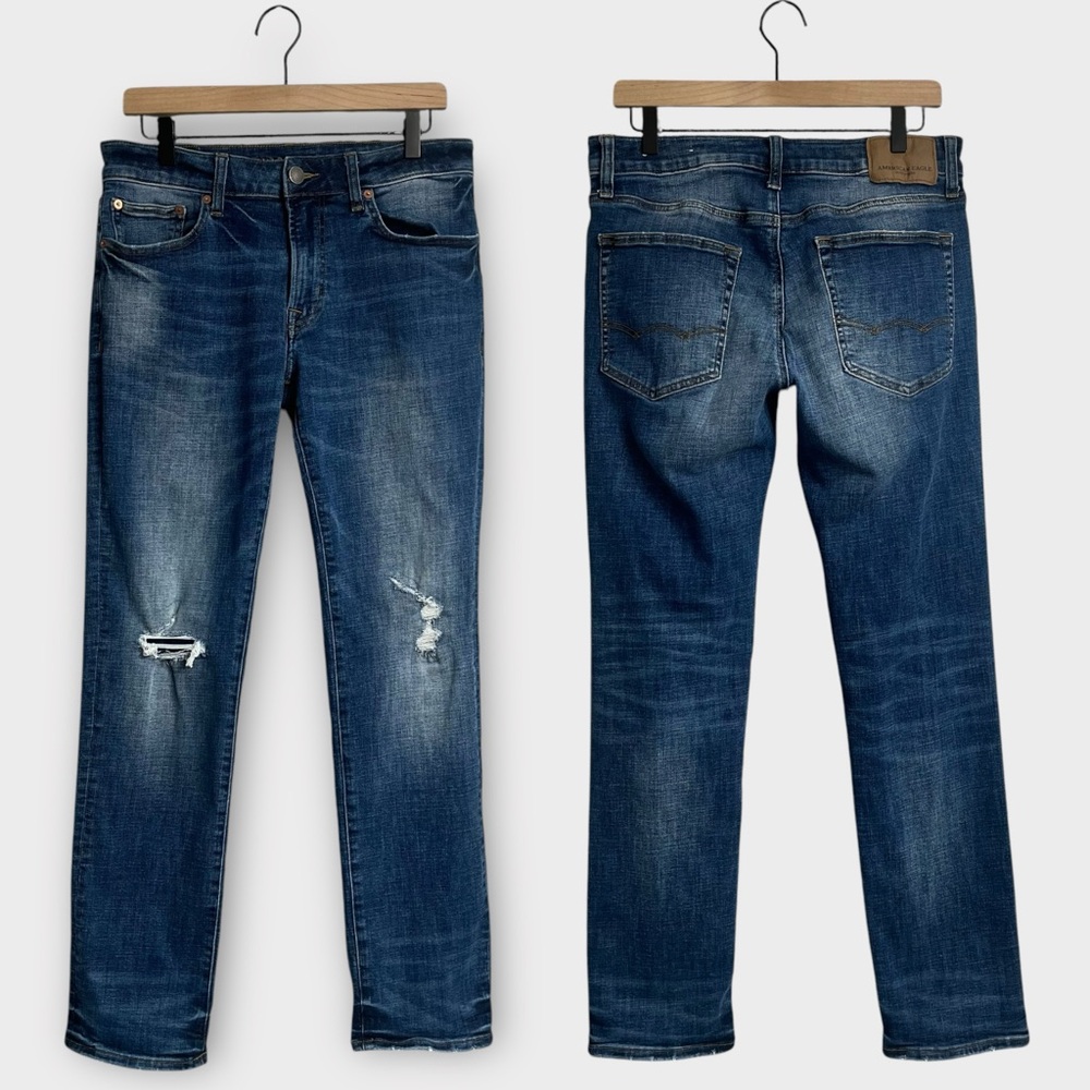 American Eagle Men's Slim Straight Jeans 31x32 Blue Distressed Denim